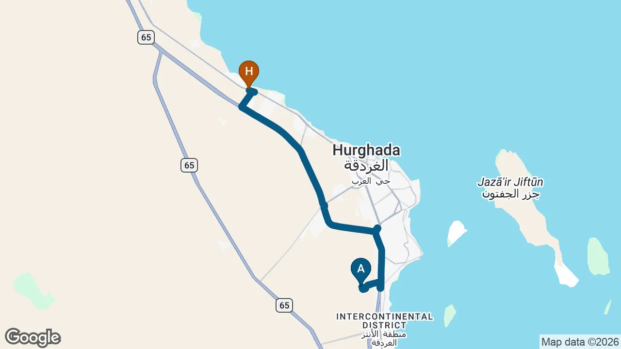 Driving route from Hurghada Airport to AMC Royal Hotel